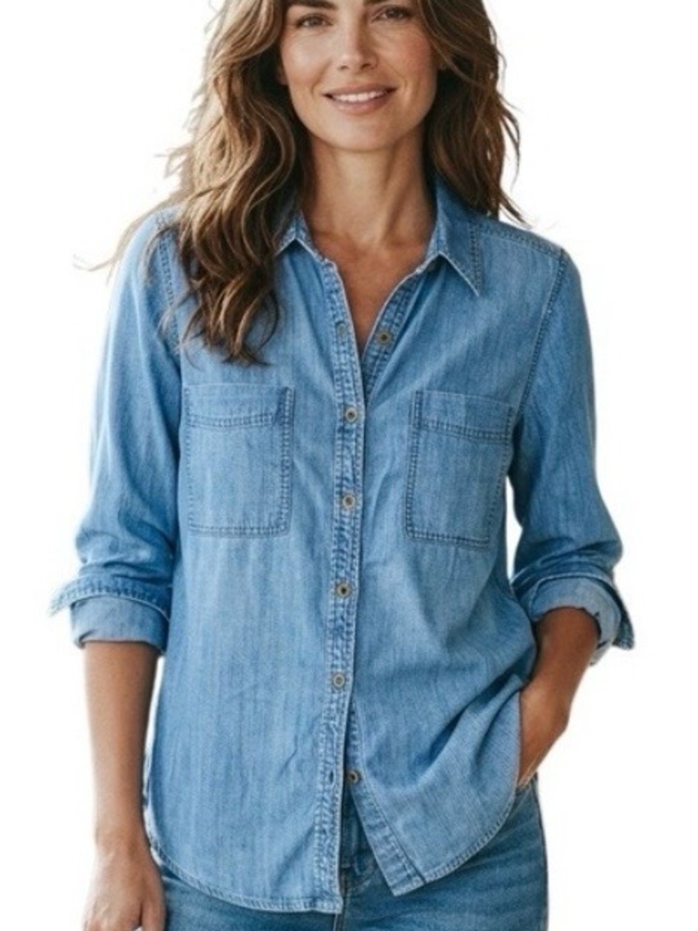 Eileen Fisher Light Wash Chambray Button Down Shirt, Size Small